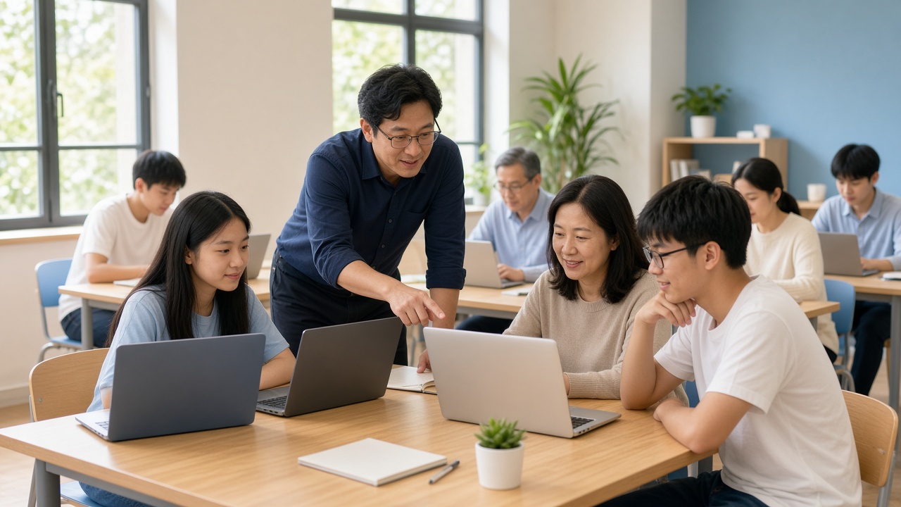 導師在明亮的課室裡,帶學生和成人學員一起用手提電腦練習